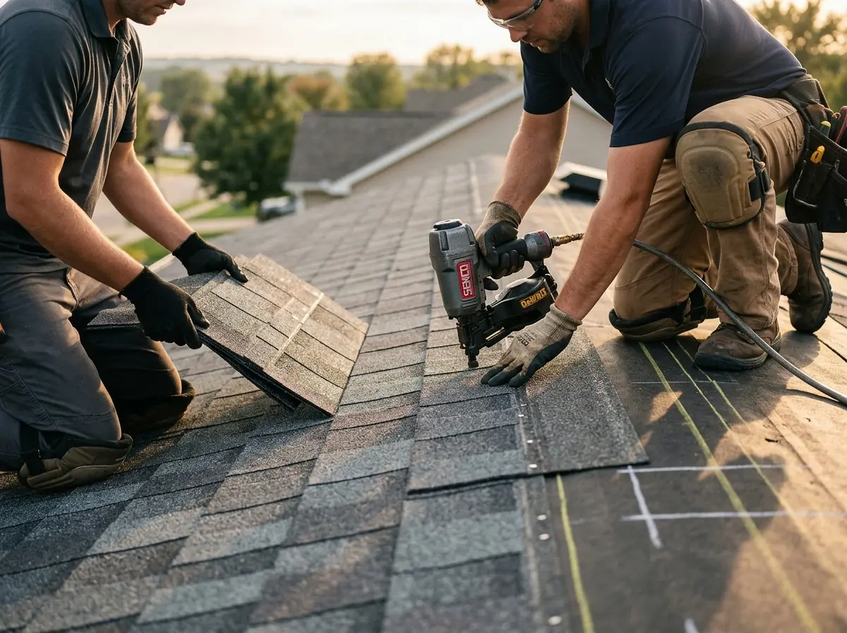 Professional roofer working on a residential roof in Lakeside